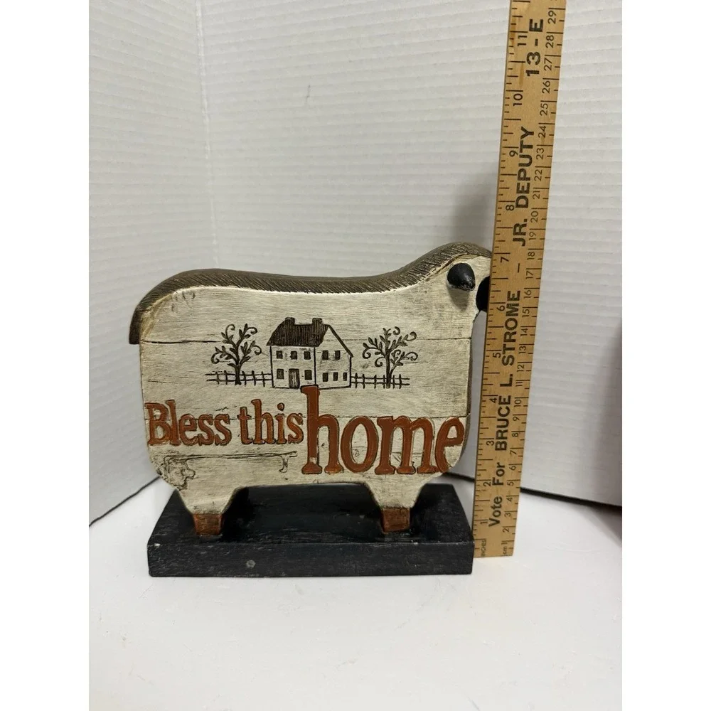 Bless This Home Sheep Figurine Rustic Farmhouse Decor Wooden Sheep Shelf Sitter